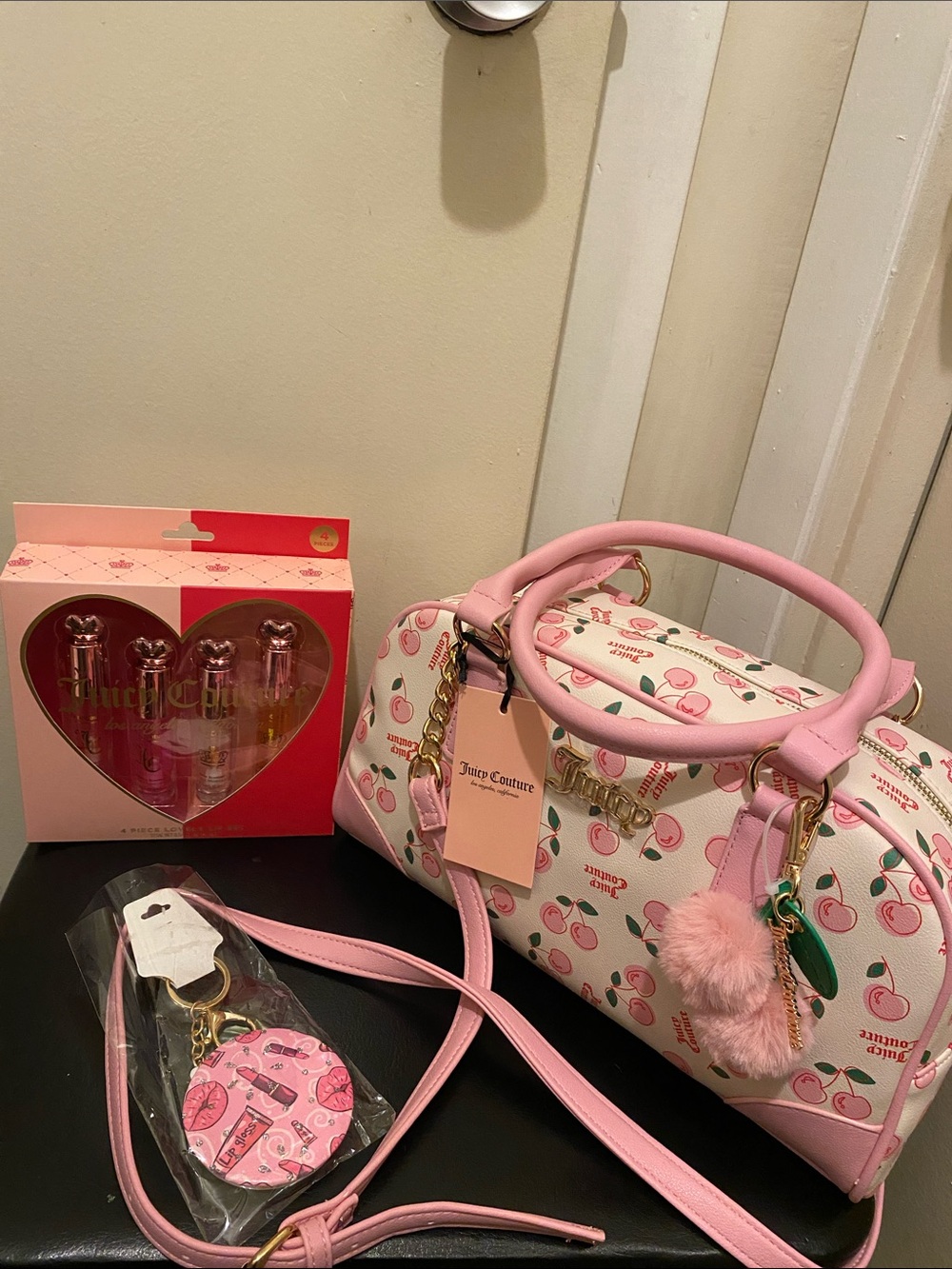 Juicy Couture Pink Cherry Print Dome Satchel with Pom Charm, Mirror&4pc lip Set